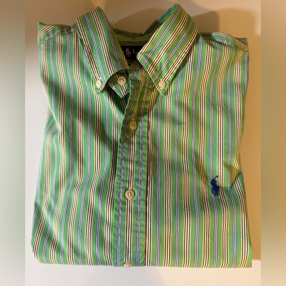 Ralph Lauren Mens Shirt Button Down Green Stripe Large Cotton Classic Fit